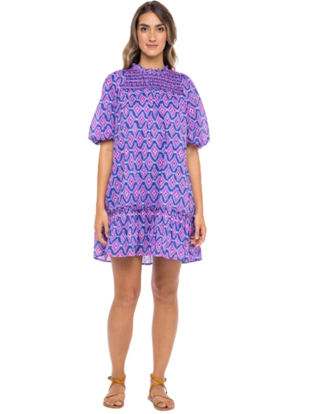 BANJANAN Nicole Dress, Surreal smocked purple Ikat puff sleeves